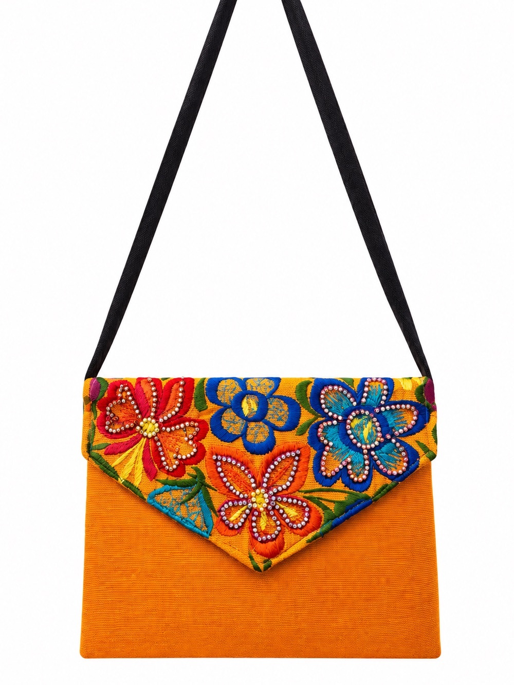 Orange Embroidered Floral Beaded Shoulder Bag Crossbody Boho Envelope Purse